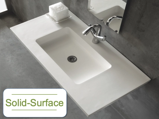 Plan vasque lavabo sur mesure : L 60 à 201 x P 40 à 51 cm, finition lisse mate, Solid-Surface, Anti bactérien, résine Akrytan® Solid teinté dans la masse, Livraison Offerte.